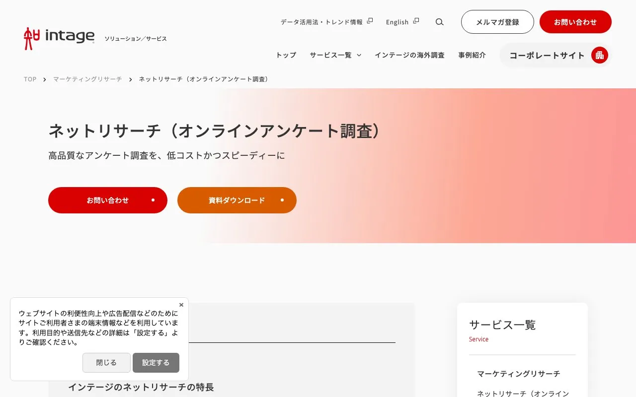 ネットリサーチ（株式会社インテージ）の公式サイトのページ