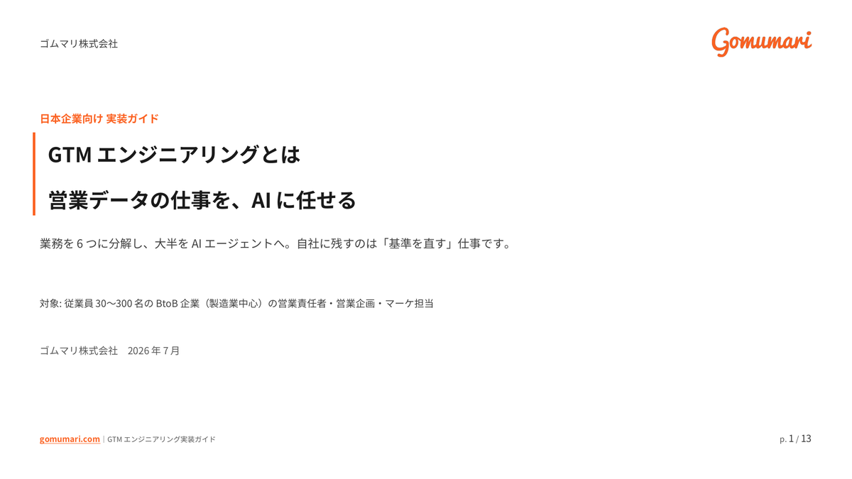 GTMエンジニアリングとは — 営業データの仕事をAIに任せる日本企業向け実装ガイドの表紙
